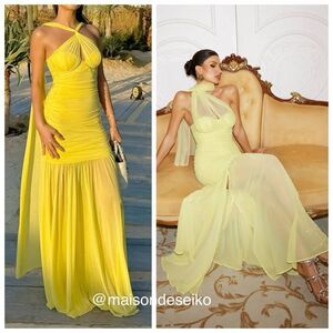 NWT Retrofete Maxi Dress Maisie Butter Yellow Mesh Halter Scarf Wedding Guest S